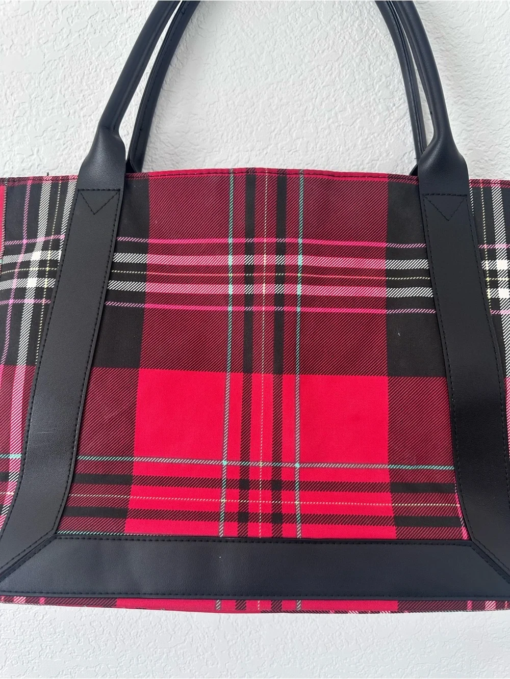 Victoria's Secret Red and Black Plaid Tote with Floral Accent